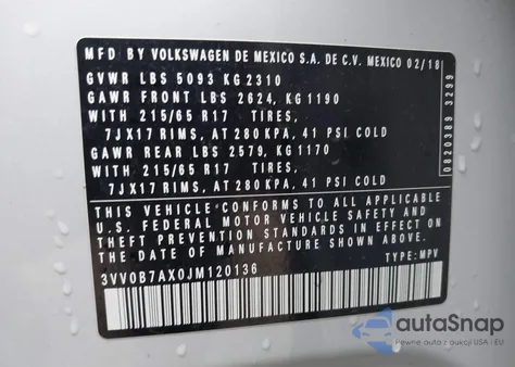 2018 Volkswagen Tiguan 2.0T S из США, поврежденный, VIN 3VV0B7AX0JM120136